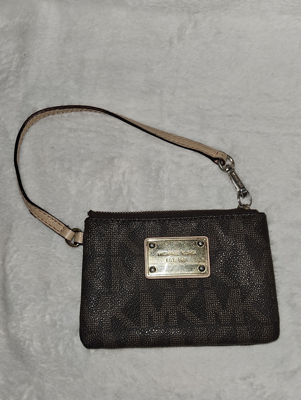 Michael Kors Dark Brown Signature Wristlet with Beige Strap